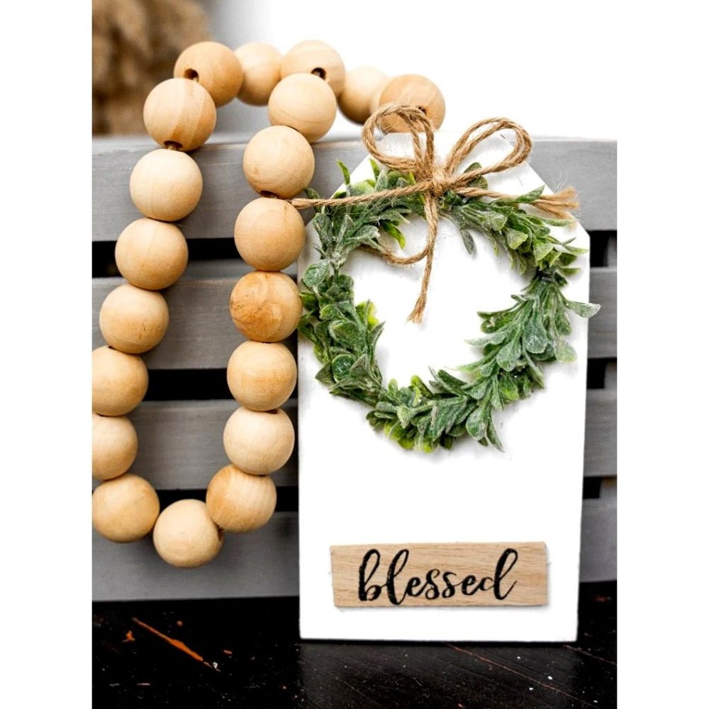 Blessed. Wood Tag-Shaped Sign. Beaded. Faux Greenery. NWT.